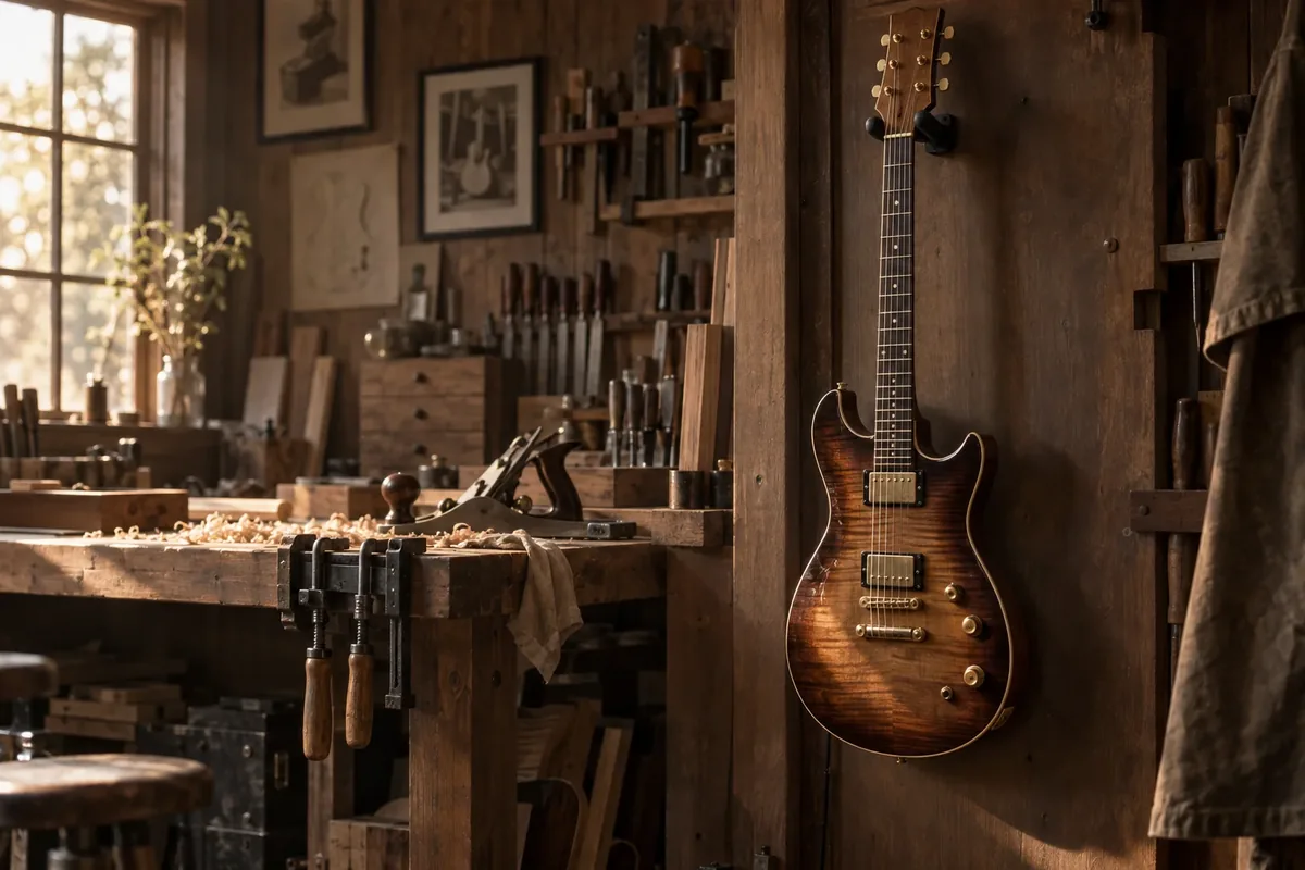 Chitarra finita appesa al gancio della bottega in luce naturale, banco di lavoro sullo sfondo