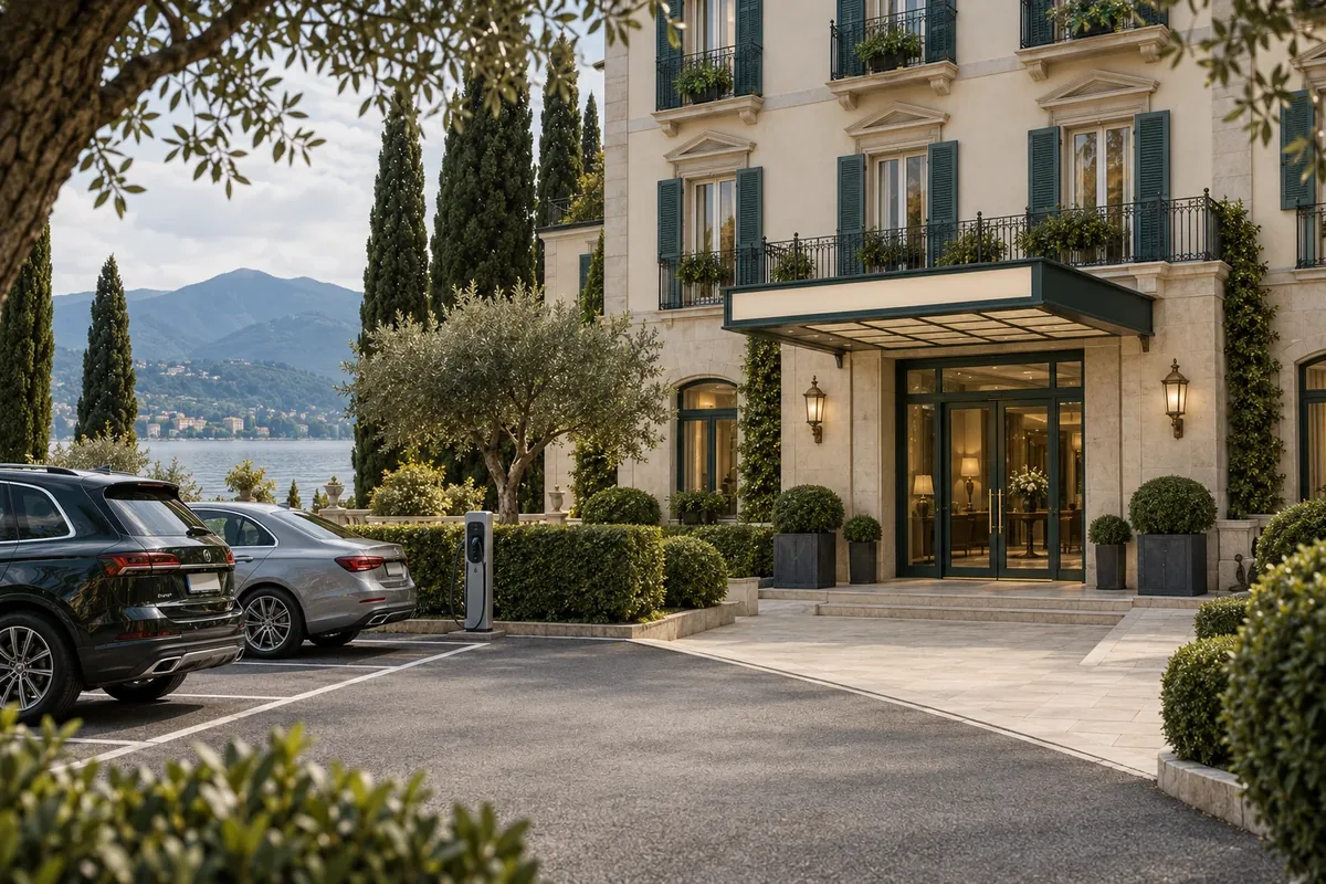 Piazzale di arrivo visto dall’auto alla luce del giorno: posti auto in primo piano, percorso senza gradini verso l’ingresso, colonnina di ricarica, uno scorcio di lago fra gli alberi