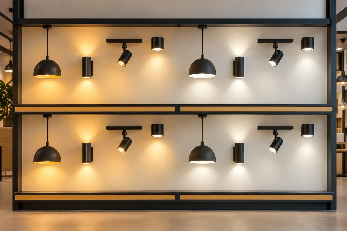 Parete dello showroom con le lampade accese a due temperature di colore